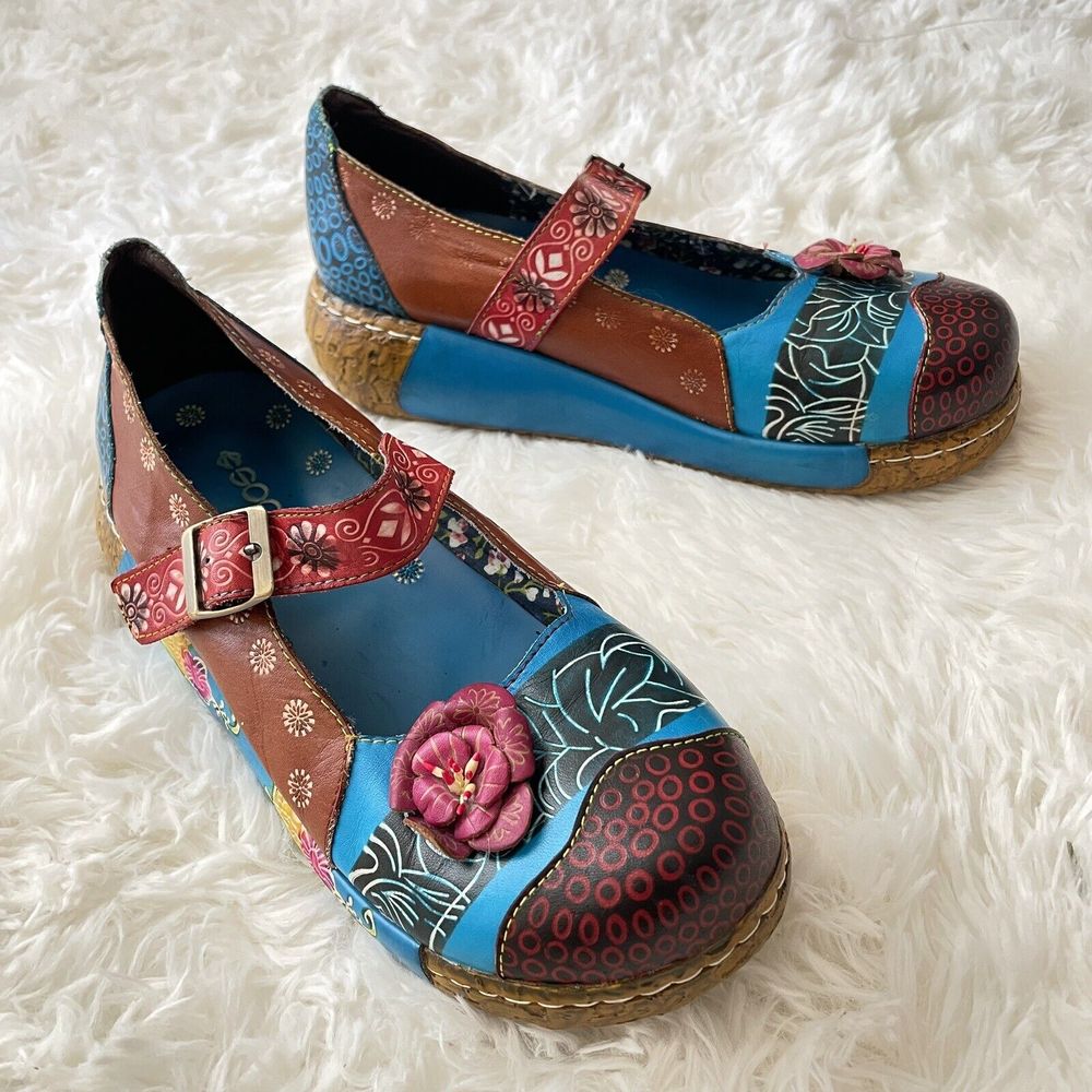 Socofy Leather Boho Multicolor Mary Jane Shoes